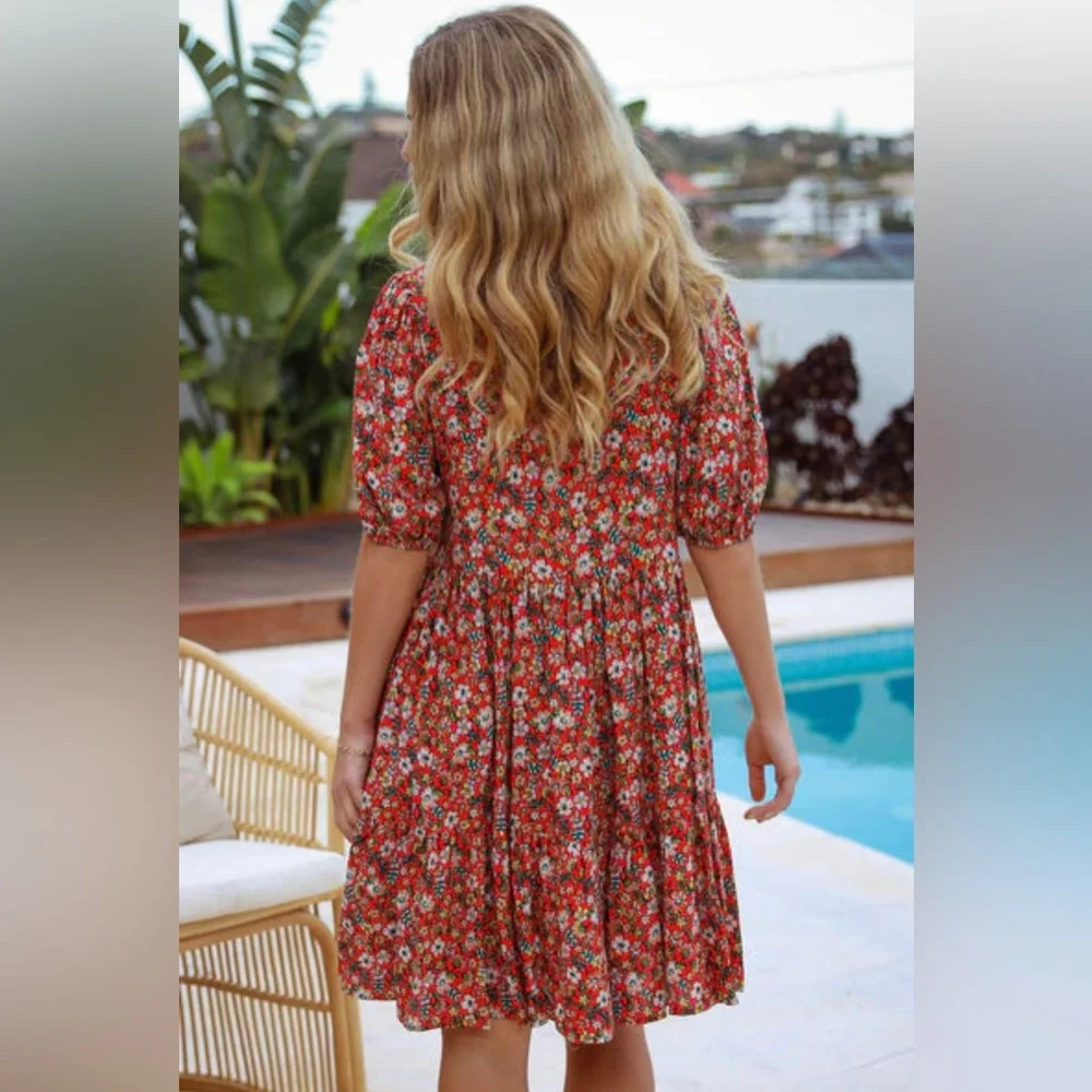 Dreamcatcher Skylar Mini Dress Red Floral Tiered Boho Hippie Size S 8 - NWT - Picture 3 of 14